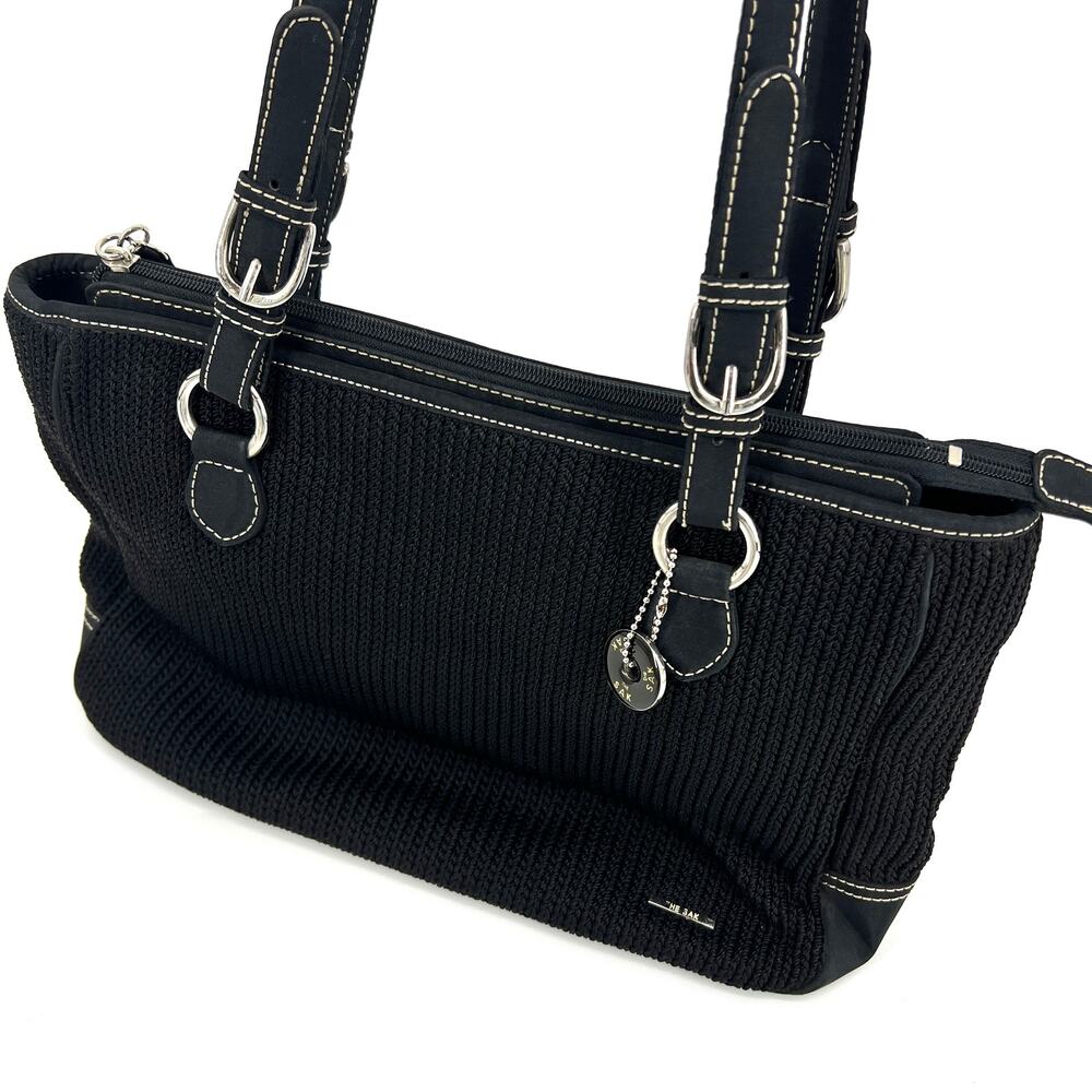 The Sak Black Knit Crochet Double Handle Purse Tote Hand Bag Charm Lined